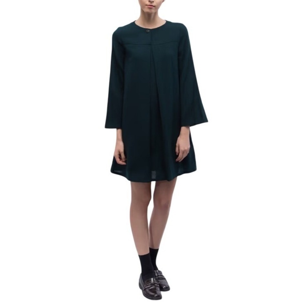 A.P.C. Rue Madame Paris Wool Bell Sleeve Box Pleat Dark Teal Mini Dress 38